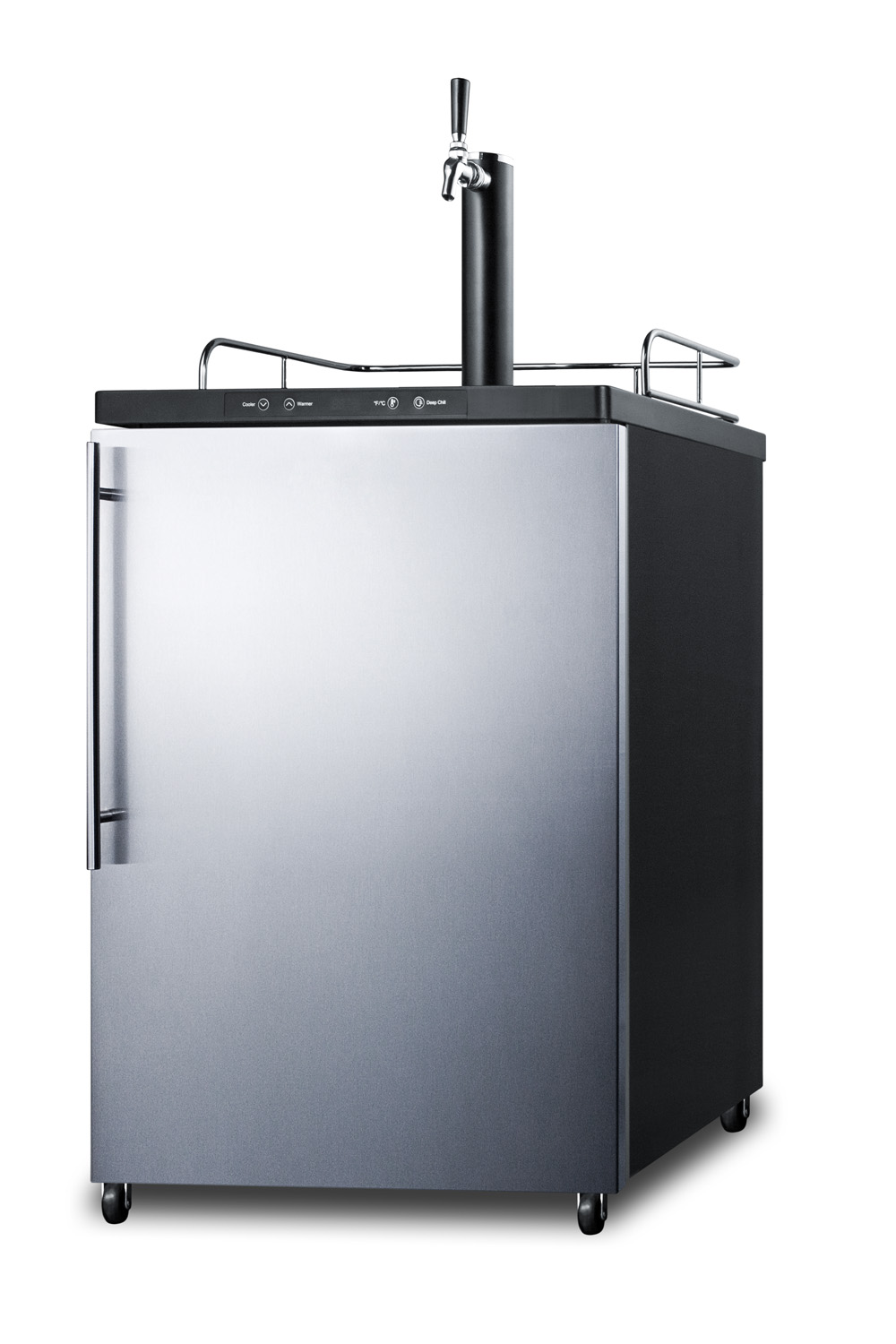 Freestanding residential beer dispenser, auto defrost with digital thermostat, stainless steel wrapped door, thin handle and black cabinet